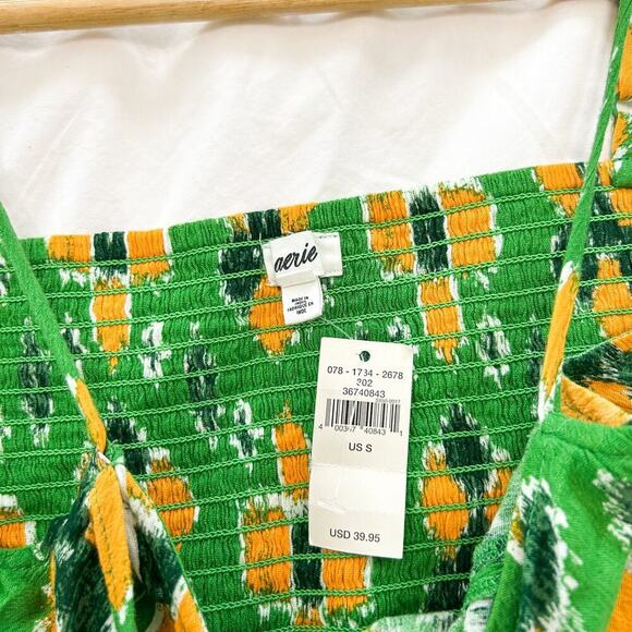 NWT Aerie Green Yellow Tie Front Crop Top Smocked Back Size Small - Picture 3 of 5